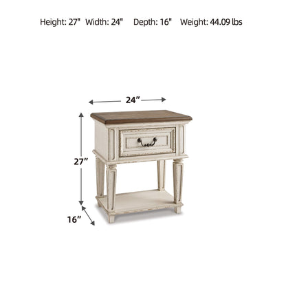 Signature Design by Ashley Realyn Traditional Cottage 1 Drawer Nightstand with Dovetail Construction & Open Display Shelf, Chipped White, 27" Tall, Distressed Brown