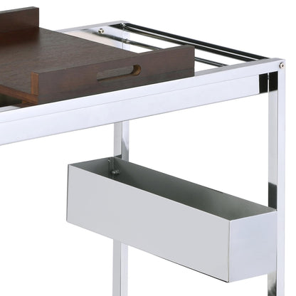 roomfitters Lisses Chrome and Walnut Serving Cart, Contemporary Luxury electroplated Electroplated Bar Trolley with Removable Serving Tray and Stemware Shelf