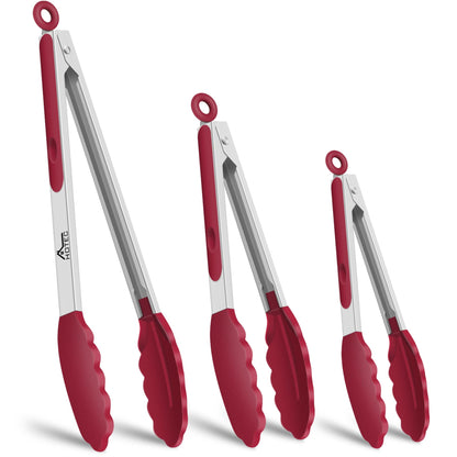 HOTEC Premium Stainless Steel Locking Kitchen Tongs with Silicon Tips, Set of 3-7", 9" and 12" (Red)