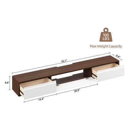 FurniNova Fully Assembled Floating TV Stand, Modern Plywood Media Console with 2 Drawers & 1 Flip Door, Wall Mounted Entertainment Center with High Gloss Finish & Round Edges, 55 inch, Walnut & White