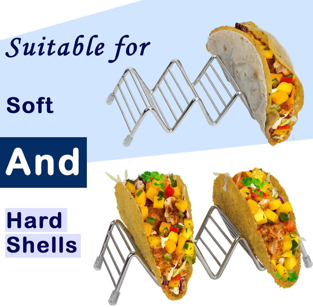 MEKBOK Taco Holders set of 3,Stainless Steel Taco Shell Holder Stand,Taco Tray Plates for Taco Bar Gifts Accessories,Holds 4 Tacos Each,Oven Safe for Baking, Dishwa sher and Grill Safe