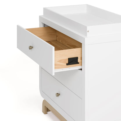 Storkcraft Santorini 3 Drawer Chest with Changing Topper (White with Driftwood) – GREENGUARD Gold Certified, Award-Winning Premium Wood Dresser for Baby & Kids Bedroom with Interlocking Drawer System