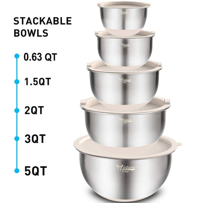 Wildone Mixing Bowls with Airtight Lids Set, 5PCS Stainless Steel Khaki Nesting Bowls for Kitchen, with Grater Attachments & Non-Slip Bottoms, Size 5, 3, 2, 1.5, 0.63 QT, Great for Mixing & Serving