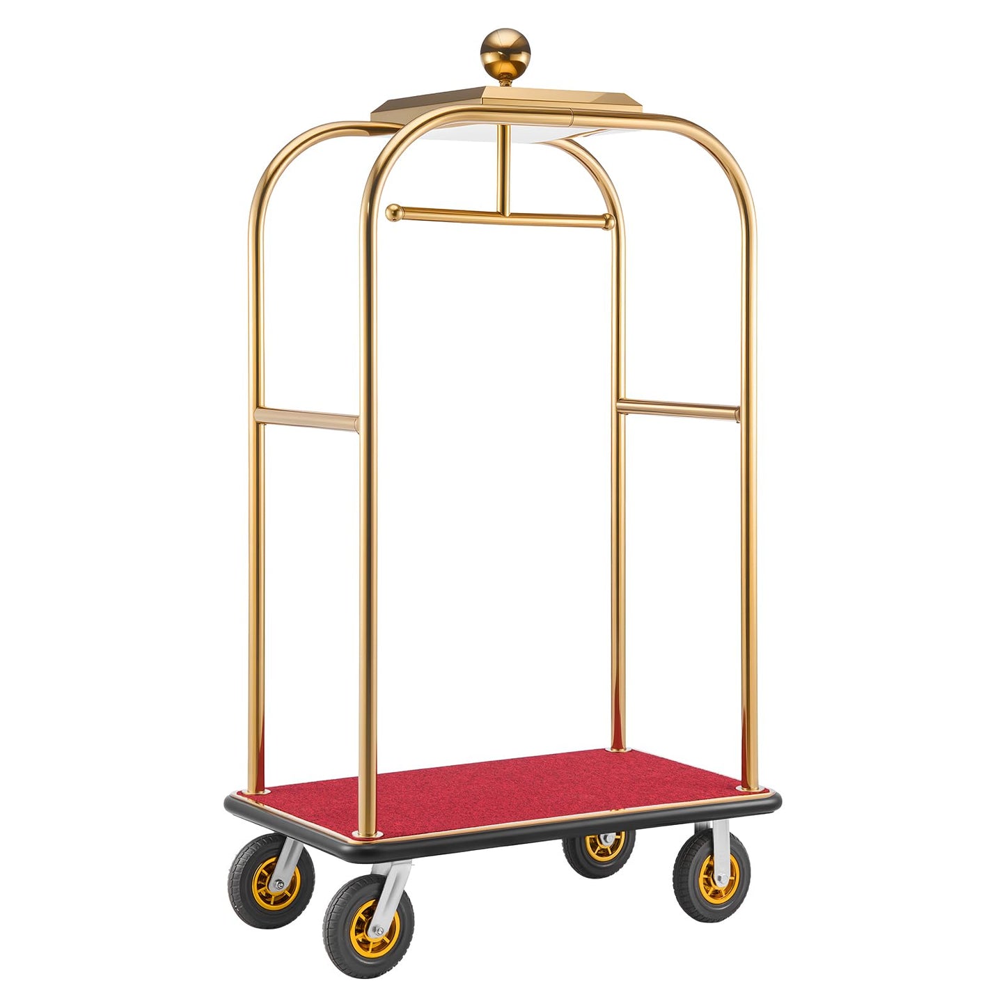 VEVOR Hotel Luggage Cart, 1200 lbs Heavy Duty Bellman Cart with Stainless Steel Frame, 8 in Rubber Wheels, Red Carpeted Deck, Commercial Luggage Carrier Rolling Trolley for Hotels, Resorts, Gold