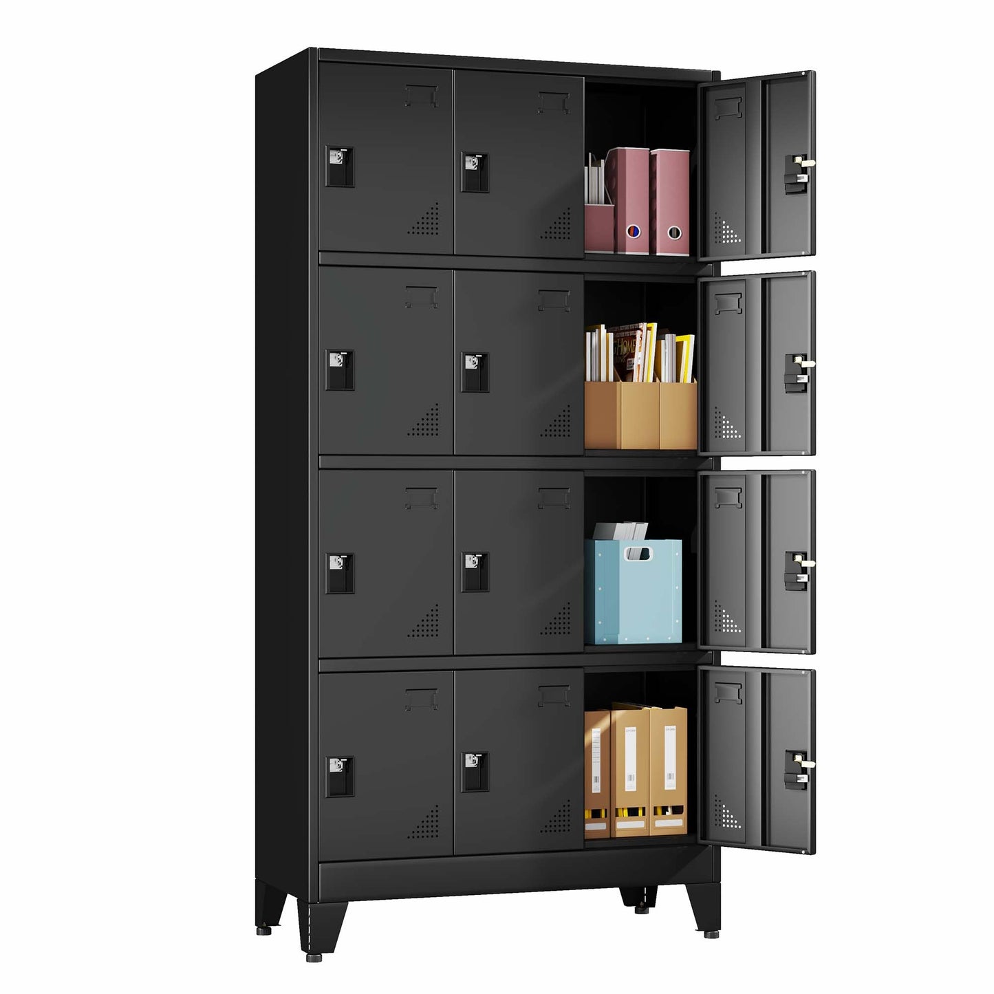 pozdeg Metal Lockers for Employees, 12 Doors Steel Storage Locker with Name Card Holders & Ventilation Holes, Heavy Duty Employee lockers for Office School Gym Garage, Easy Assembly, Black ﻿