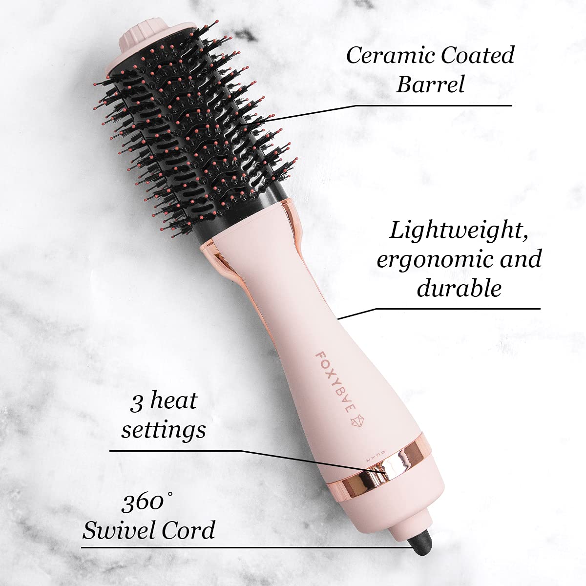 FoxyBae All-in-One Hair Styler - Ceramic Oval Barrel Blow Dryer Brush (75mm) for Drying, Curling, Volumizing & Straightening Hair [Party Pink]