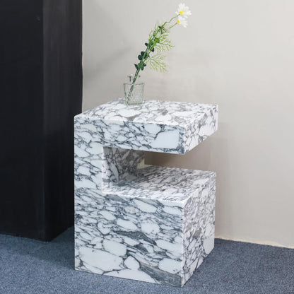 Natural Marble C-Shaped End Table, Luxurious Handmade Coffee Table Suitable for for Living Room Bedroom Bathroom Small Spaces, No Installation Marble Sofa Table for Modern Home Decor