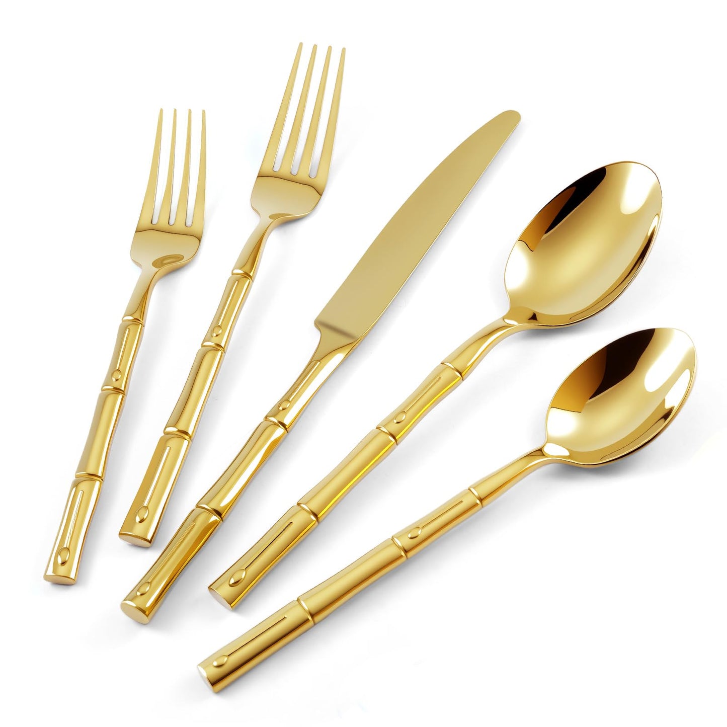 SILWELL Silverware 60-Piece Stainless Steel Mirror Polishing Gold Flatware Set Bamboo Pattern Cutlery Set Service for 12