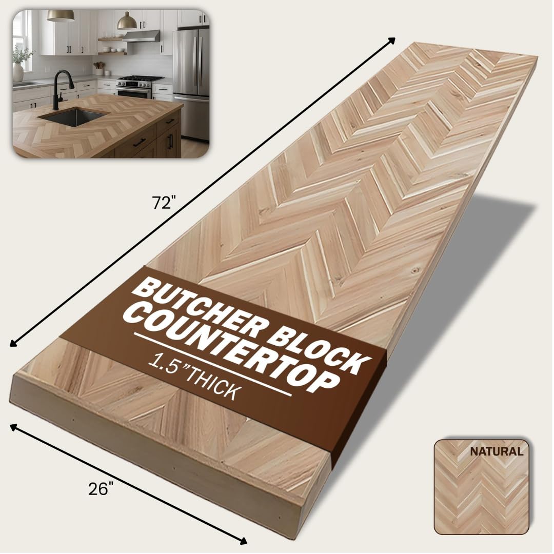 72 in x 26 in x 1.5 in Wood Butcher Block Countertop, Natural Chevron Acacia, Unfinished Solid Tabletop – Ideal for DIY Kitchen/Dining Room/Home Office