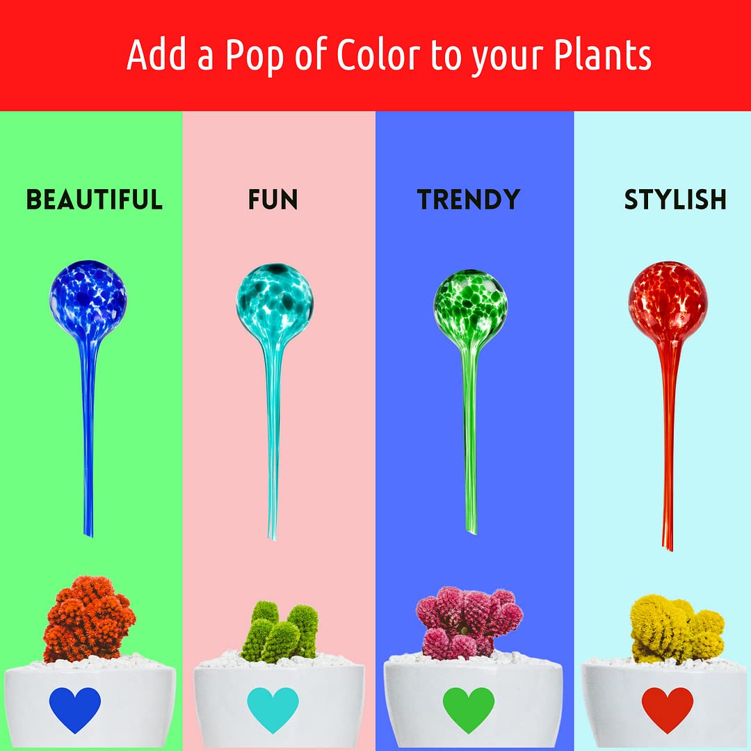 LGL Plant Watering Globes - Automatic Self Watering Globes. Decorative Self Watering Planter Inserts Made From Hand-Blown Durable Glass. Self Watering Spikes to Support Plant Health. 4 Pack x 350ml.