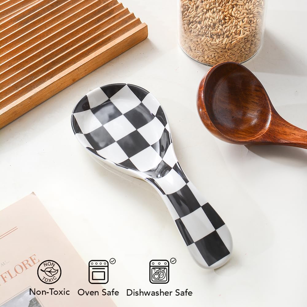 YOSCO Ceramic Spoon Rest for Stove Top, Checkered Spoon Holder Utensil Rest, Cute Spoon Rests for Coffee Bar Kitchen Decor Cooking Gift for Housewarming (Black)