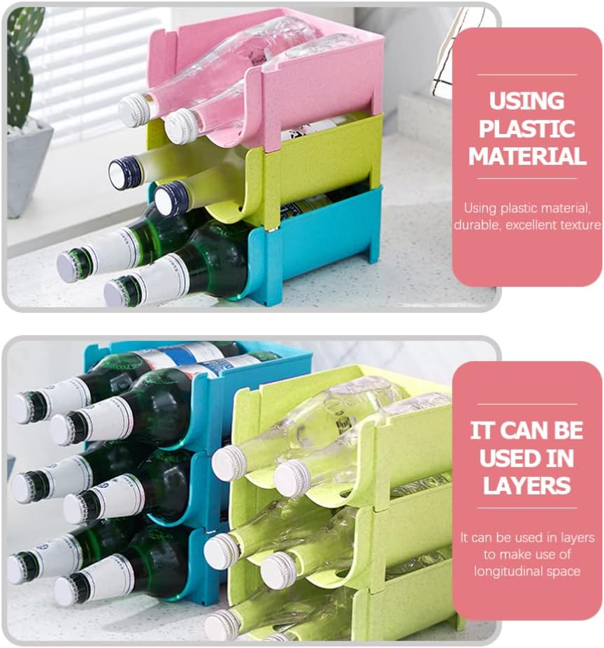 Hemoton Refrigerator Bottle Rack, 3pcs Stackable Plastic Wine and Water Bottle Organizer for Pantry Countertop