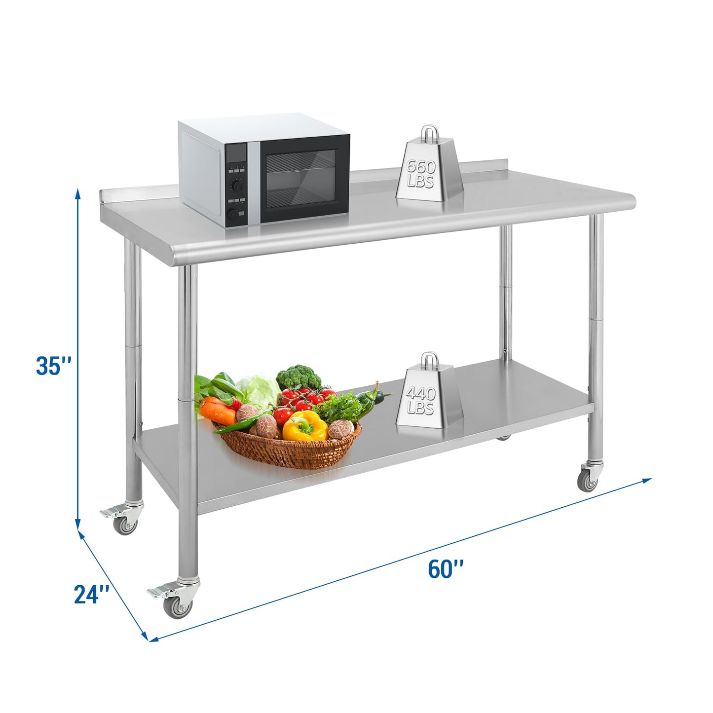 NSF Certified 60" x 24" Stainless Steel Work Table with Caster Wheels - Heavy Duty Prep Station with Adjustable Undershelf & Rear Backsplash - Mobile Commercial Kitchen Table for Restaurant, Garage &
