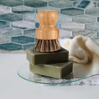 Bamboo Brush Dish Scrubber - Natural Bristles Palm Pot Brush, 2 Pack Round Mini Dish Brush for Kitchen Cleaning