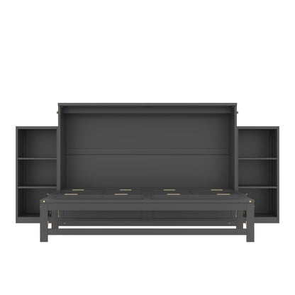 Bellemave Queen Murphy Bed, Cabinet Bed with 2 Shelves and Storage Drawers, Farmhouse Murphy Cabinet, Noisy Free, for Guest Bedroom, Living Room, Office, Vintage Dark Gray