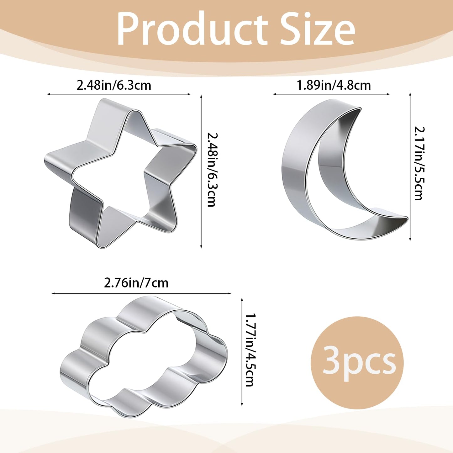 3 Pieces Star, Moon and Cloud Cookie Cutters, Stainless Steel Cute Cookie Cutters for Birthday Cake Cupcake Party Decorations