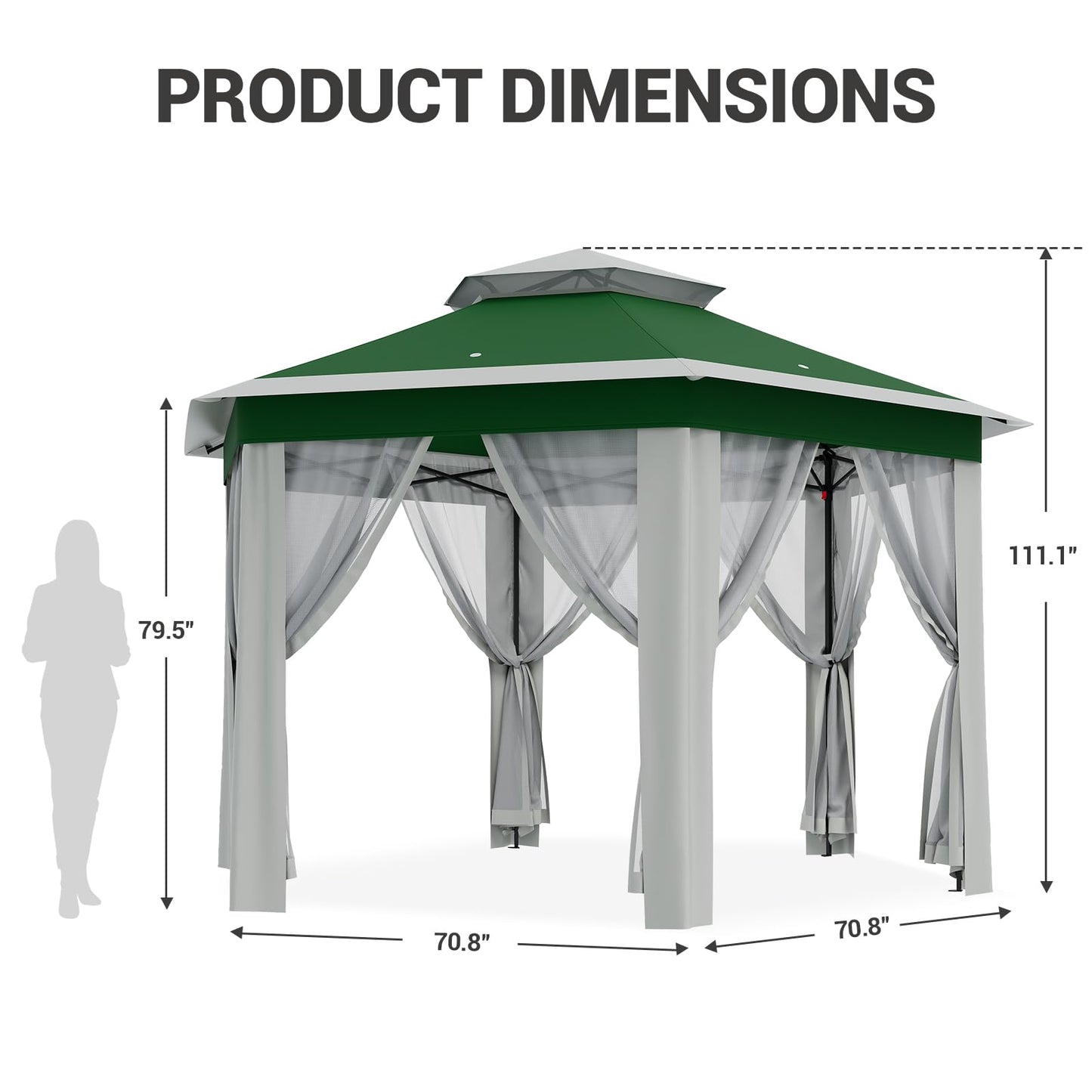 Patikuin Hexagonal Pop-Up Gazebo Tent 13x13 FT – Double Vent Roof, Mosquito Netting, UV & Water Resistant, Adjustable Height, Portable Canopy with Carry Bag for Patio, Backyard, Lawn Parties – Green