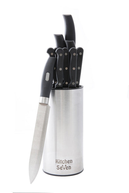 Kitchen Seven Universal Knife Block - Stainless Steel Kitchen Knife Holder Without Knives - Round Space -Saver Knife Storage Stand safely stores knives while keeping blades clean and sharp
