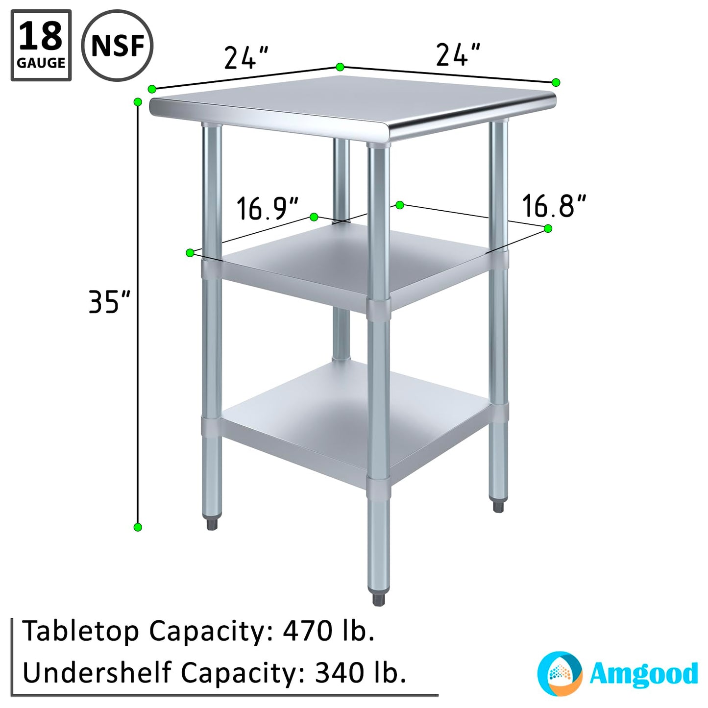 24" Long X 24" Deep Stainless Steel Work Table with 2 Shelves | Metal Food Prep Station | Commercial & Residential NSF Utility Table