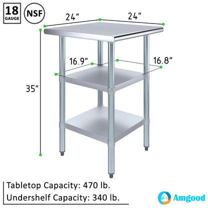 24" Long X 24" Deep Stainless Steel Work Table with 2 Shelves | Metal Food Prep Station | Commercial & Residential NSF Utility Table