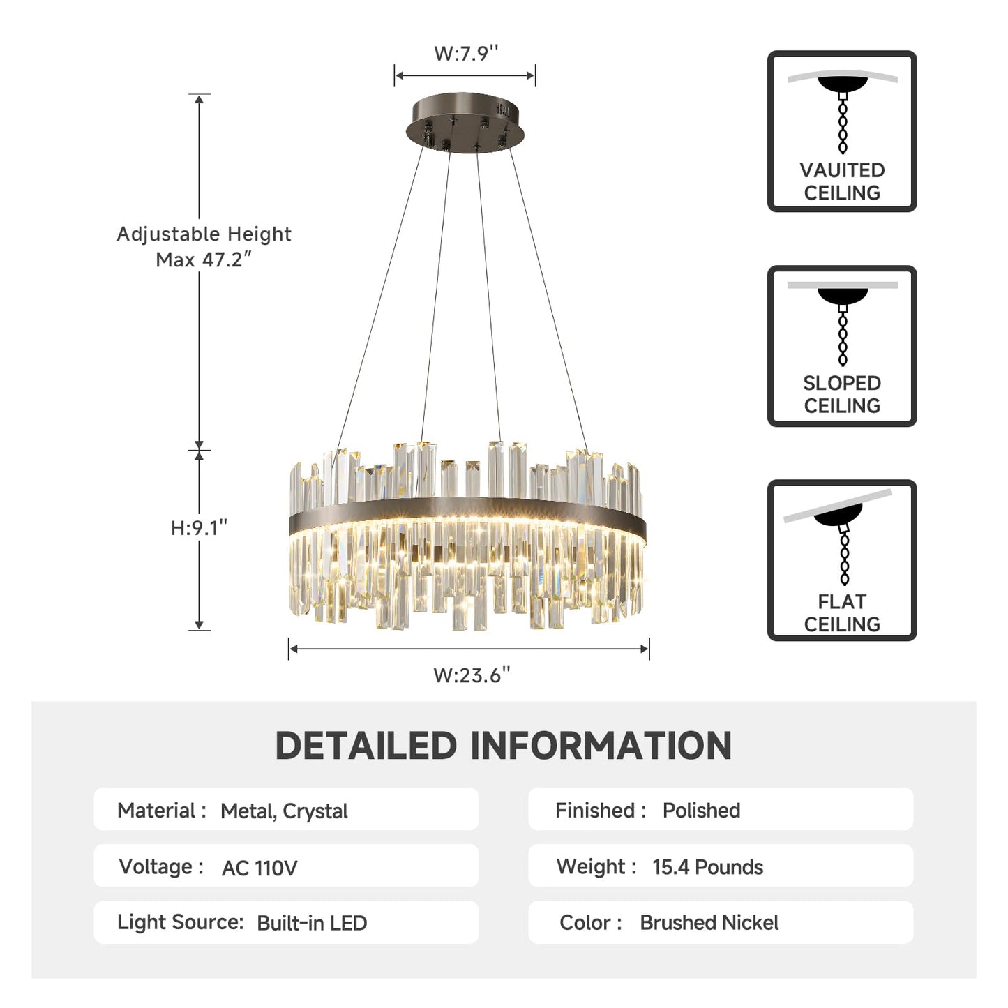 Nickel Led Modern Crystal Chandelier: 23.6" Round K9 Luxury Smoke Grey & Clear Crystal 3 Color Dimmable Contemporary Chandeliers for Dining Room Light over Table - Adjustable Height Light with Remote
