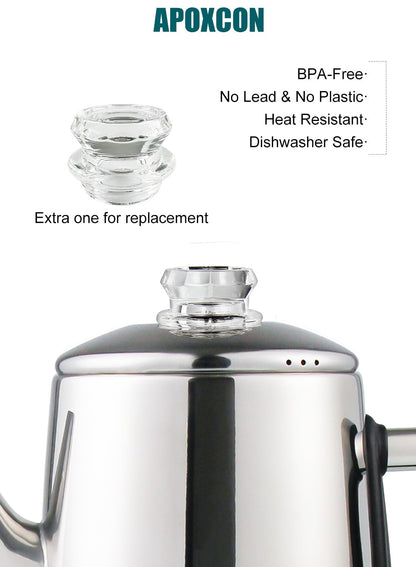 APOXCON Electric Coffee Percolator Stainless Steel Coffee Maker with Two Heat Resistant Tough Glass Clear Brew Progress Knob Classic Look Keep Warm & Cordless Serving Coffee Pot 12 Cup