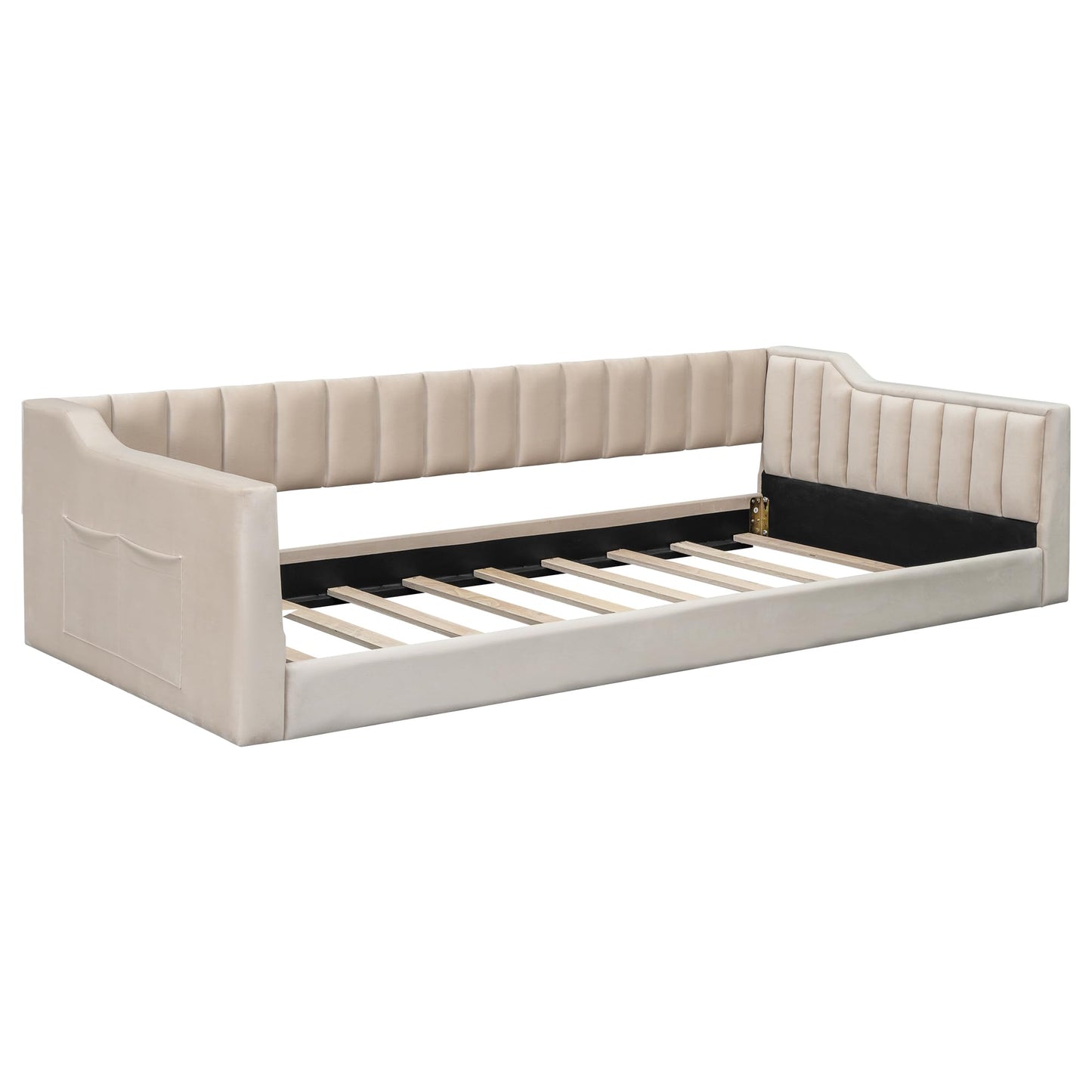 DNYN Twin XL Upholstered Daybed with Storage Pocket for Kids,Adults,Pinewood Bedframe w/Wood Slat Support,Easy Assembly & No Box Spring Needed, Beige