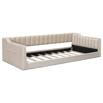 DNYN Twin XL Upholstered Daybed with Storage Pocket for Kids,Adults,Pinewood Bedframe w/Wood Slat Support,Easy Assembly & No Box Spring Needed, Beige