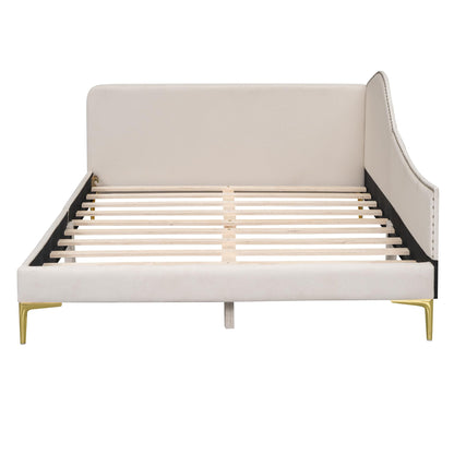 Ball & Cast Full Size Daybed with Golden Metal Legs,Linen Upholstered Daybed Frame with Nailhead Trim and Wood Slat Support,No Box Spring Needed,Beige