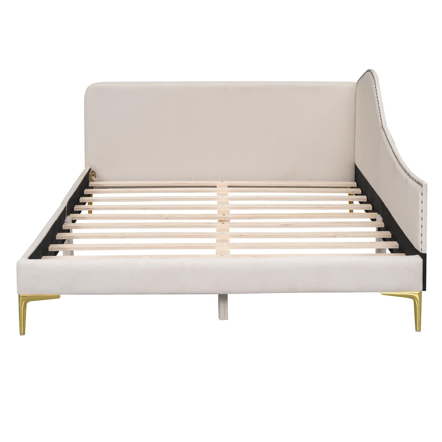 Full Size Upholstered Daybed with Headboard and Armrest, Linen-Finish Bed with Support Legs, Modern Sofa Bed for Guest Rooms, Studio Apartments, or Living Spaces, Sturdy Pine Wood Frame, Beige