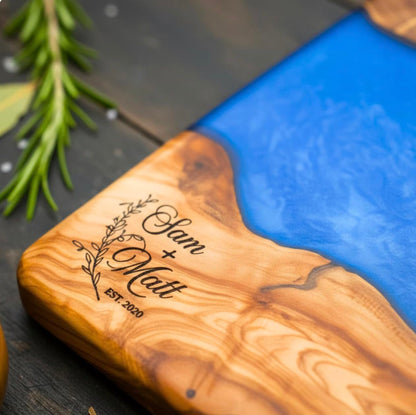 Custom Resin Charcuterie Board Personalized – Epoxy Olive Wood Cutting Board, Wedding or Holiday Gift