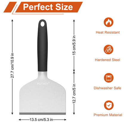 POTWIY Heavy Duty Griddle Scraper, 5.3" Wide, Sharp Stainless Steel Scraper with Full Tang Silicone Handle, Great BBQ Cleaning Tool for Flat Top Grill & Griddle Cleaning Accessories (1 Pack, Large)