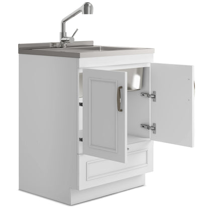 SIMPLIHOME Cardinal All-in-One 28 inch Wide Utility Sink and Laundry Cabinet in Pure White Finish, Transitional Stainless Steel Sink Cabinet for Laundry Rooms with Pull-Out Brushed Nickel Faucet