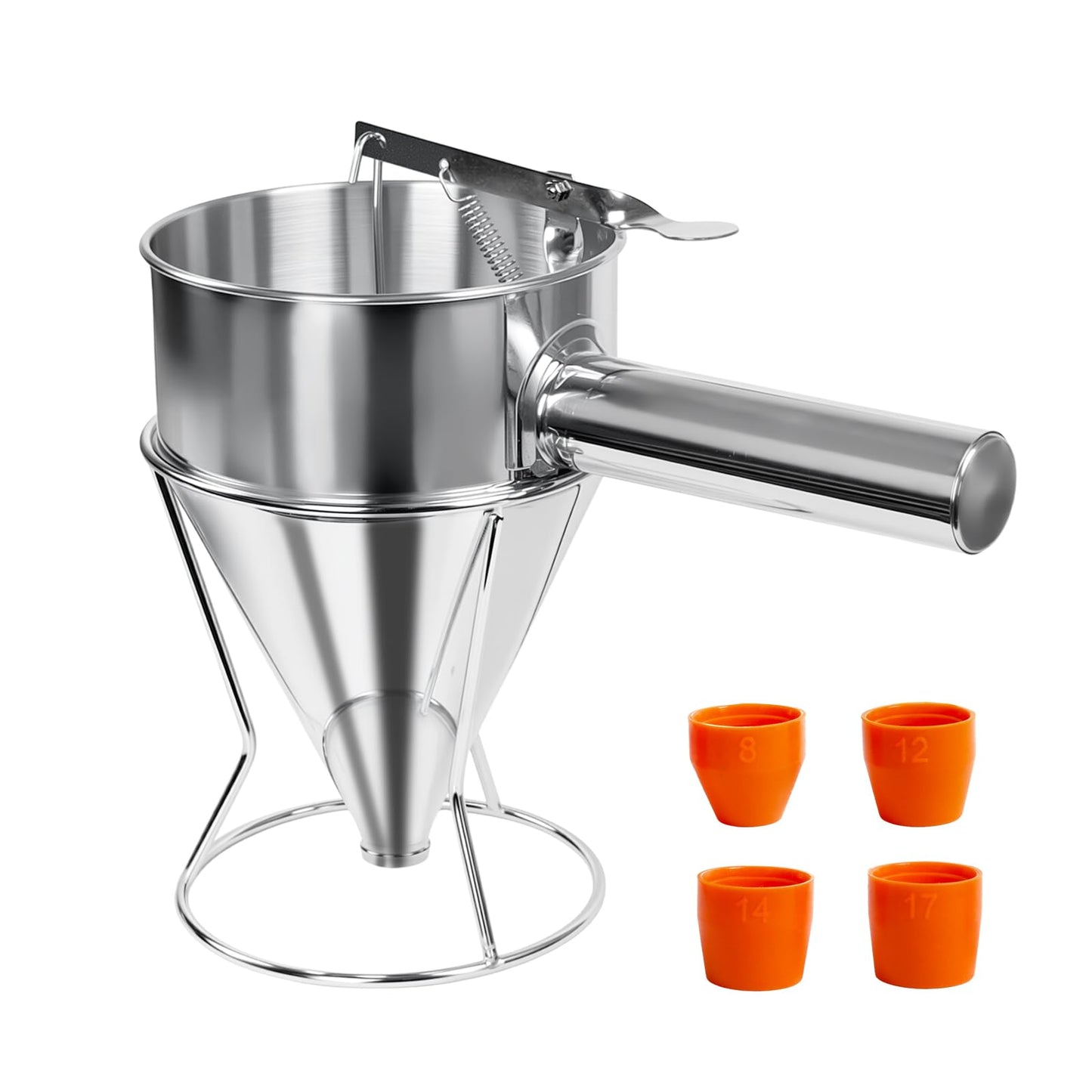 Lyhubmh 40oz Stainless Steel Pancake Batter Dispenser, Pancake Dispenser with Stand and Squeeze Handle, 4 Interchangeable Nozzles for Pancakes, Cupcakes, Waffles and Baked Goods