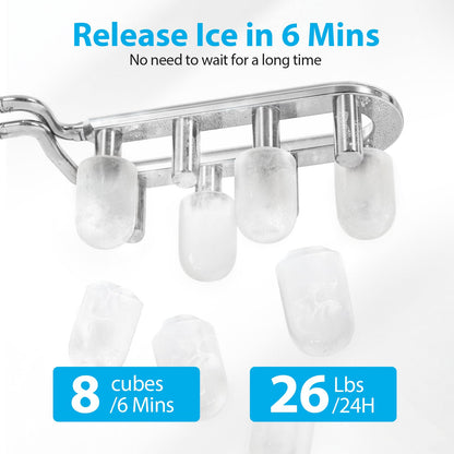 Aeitto Ice Maker Countertop 26lbs/24H, 8 Ice Cubes 2 Sizes of Bullet Ice Ice Machine Ready in 6 Mins, Portable Ice Makers with Basket & Scoop, Auto Self-Cleaning for Home/Kitchen/Office Stainless