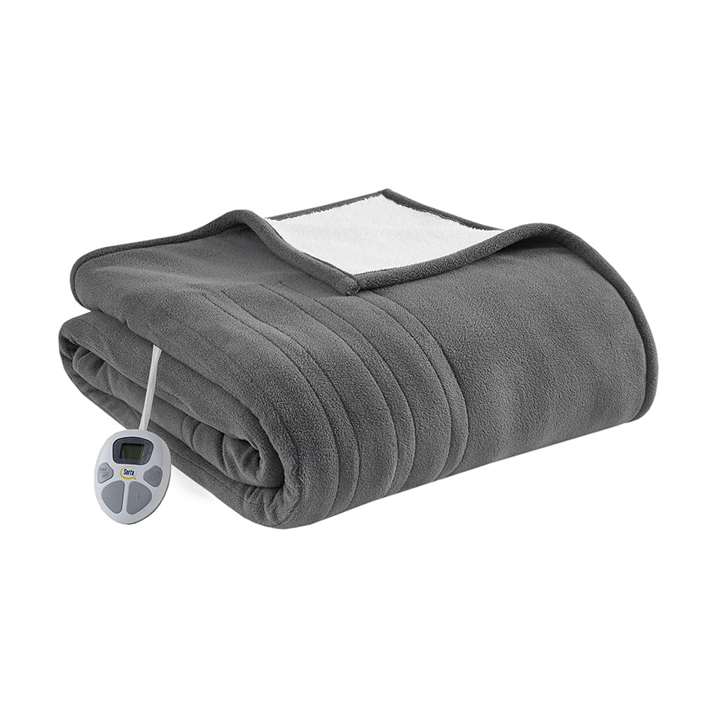 Serta Heated Blanket - Reversible Fleece to Sherpa Electric Blanket, Fast Heating, Auto Shut Off Timer, Multi Heat Setting, ETL Certified, Machine Washable, Grey Full 84"x 77"