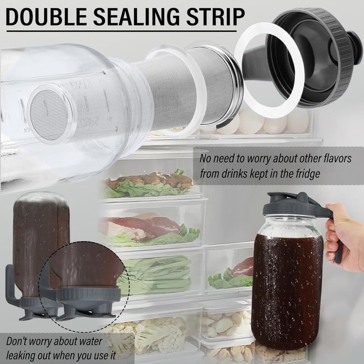 Cold Brew Coffee Maker - 64 Oz (2 Quart) Wide Mouth Glass Mason Jar with Stainless Steel Filter