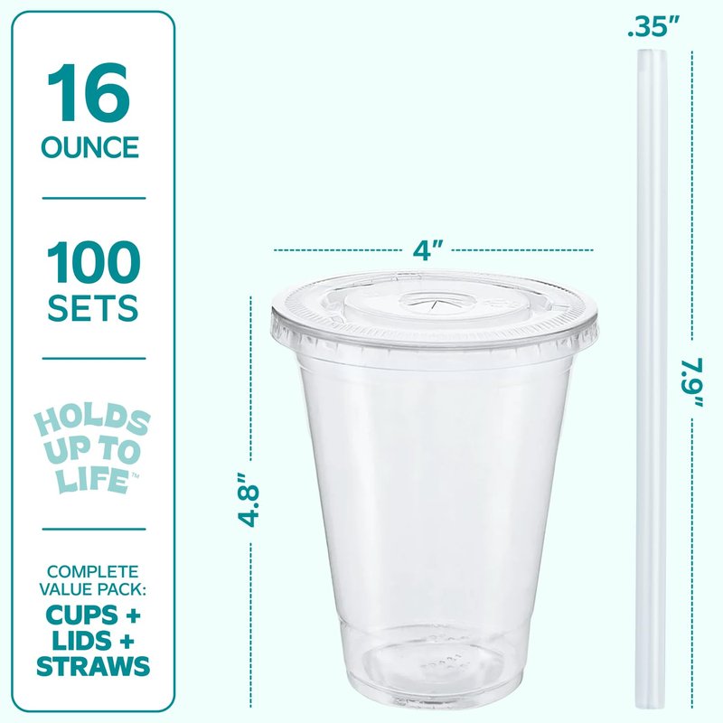 GUSTO - 16 oz - 100 Sets - Clear Plastic Cups with Lids and Straws – Disposable Iced Coffee Cups for Cold Drinks, Smoothies, Boba, and To-Go Beverages – Sturdy, Easy-to-Separate