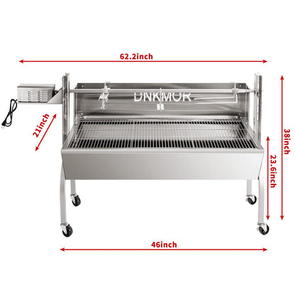 Rotisserie Grill Stainless Steel Charcoal Spit Roaster, 50" Pig Lamb Hooded Roaster Charcoal Spit with 30W Motor & Adjustable Height Lockable Casters for Outdoor Camping Party, Rated 150 LB