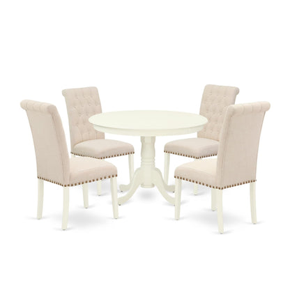 East West Furniture HLBR5-LWH-02 5 Piece Dining Room Furniture Set Includes a Round Dining Table with Pedestal and 4 Light Beige Linen Fabric Upholstered Chairs, 42x42 Inch, Linen White