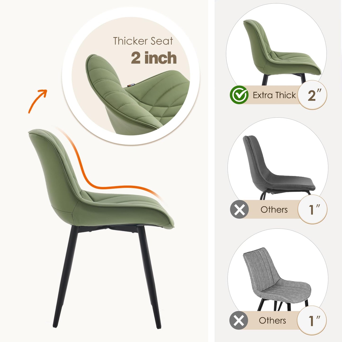 YOUNUOKE Dining Chairs Set of 2 Mid Century Modern Kitchen Chair Comfortable Upholstered Faux Leather Dinner Chairs for Kitchen Dining Room, Olive