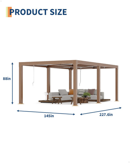 GarveeLife Louvered Pergola 12 ft x 20 ft, Outdoor Pergola with Adjustable Louvered Roof, Reinforced Aluminum Frame, Integrated Drainage System, Hardtop Gazebo for Patio, Deck, Wood Grain