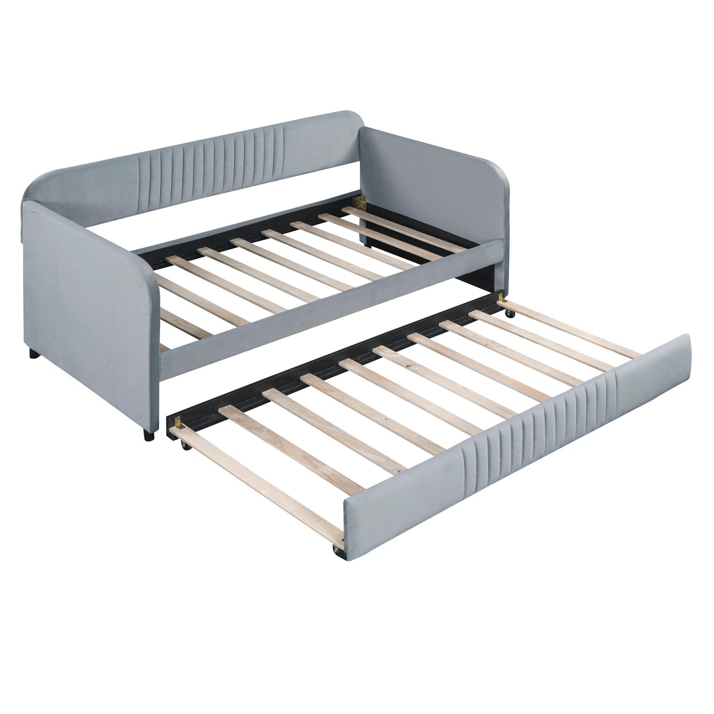 Merax Twin Size Upholstered Daybed with Trundle Bed and Wood Slat, Gray Velvet Sleeper Sofa Bed, No Box Spring Needed