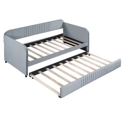 Merax Twin Size Upholstered Daybed with Trundle Bed and Wood Slat, Gray Velvet Sleeper Sofa Bed, No Box Spring Needed