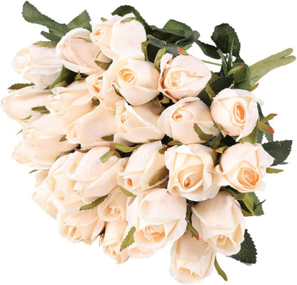 Hawesome 3 Bunches Artificial Silk Roses Buds Realistic Bouquet Arrangement for Wedding Party Centerpieces (Champagne)