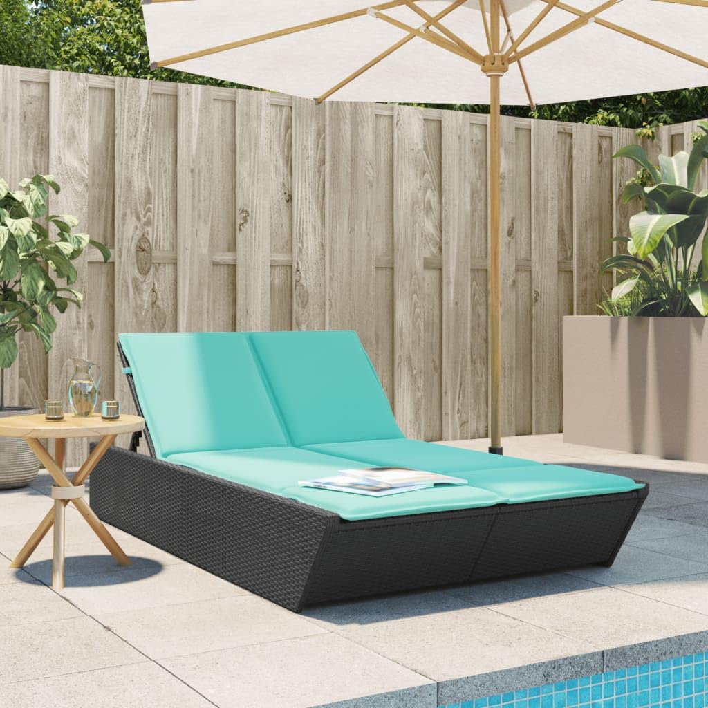 MBDRKVGF Double Sun Lounger with Cushions, Outdoor Patio Daybed with 4-Position Adjustable Backrest, Poly Rattan Garden Furniture Set, Black