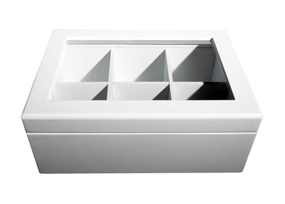 Break Tradition Wooden Tea Organizer For Tea Bags - Wooden Tea Chest With 6 Compartments - Clear Top Window - Lid Stays Open (White)
