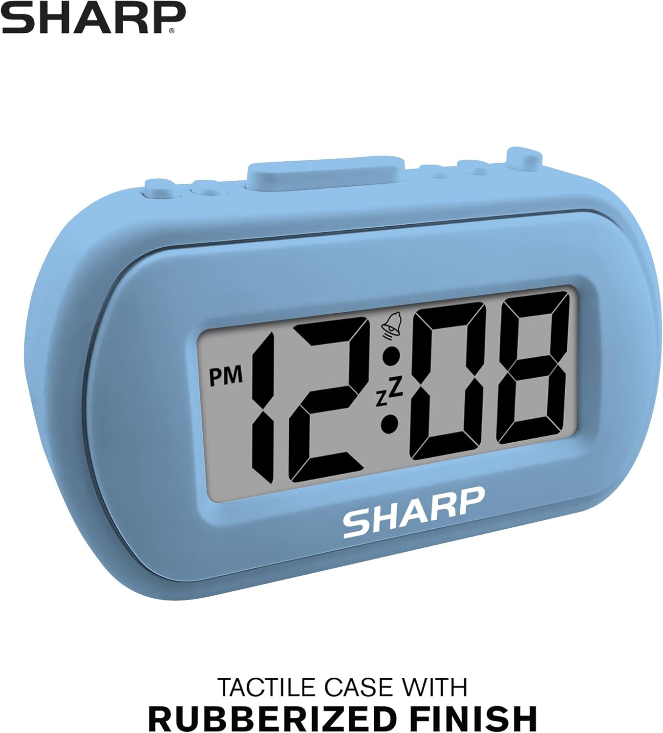 Sharp Digital Alarm Clock, Tactile Case with Soft Rubberized Finish, Battery Operated, Blue Backlight on Demand,