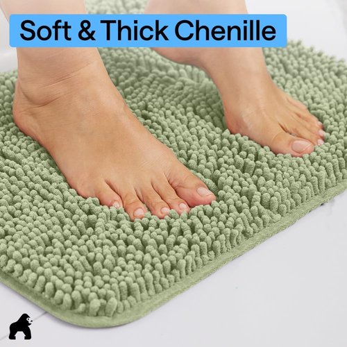GORILLA GRIP Plush Chenille Bath Rug Mat - Soft Microfiber, Machine Washable, Sage Color, Fits Square Toilet Base