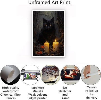 Kisappeared Vintage Gothic Wall Art Black Cat Candle Poster Halloween Artwork Print Canvas Victorian Style Dark